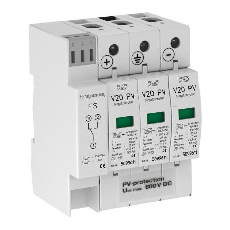 Päikeseenergiasüsteemi liigpingepiirik V20, 600 V DC signaalkontaktiga 3 | IP20